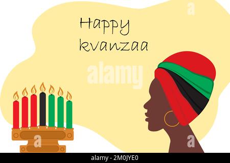 African woman profile in traditional headdress in the shades of national flag and candlestick with 7 candles in African colors. Copyspace. Happy Kwanzaa. Good for lettering, banner, poster or tag. EPS Stock Vector