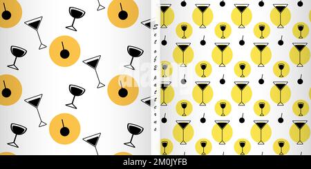 Set of 2 endless patterns of black and white images in the form of glasses and spots in trendy yellow shades. Abstract background texture. Isolate. Good for menu cafe, bar and restaurant. Vector. EPS Stock Vector