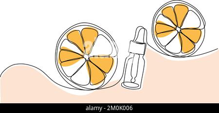Continuous drawing of one line of bottles with oil or honey or lemon or lime juice for scrubbing and body skin care with natural herbal skin care products, top view of ingredients. Vector illustration Stock Vector