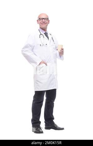 smiling doctor with a takeaway coffee. isolated on a white Stock Photo