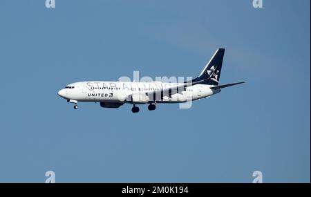 United Airlines Boeing 737 with Star Alliance livery prepares for landing at Chicago O'Hare International Airport. Stock Photo