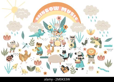 Set of dancing and playing musical instruments animals Stock Vector