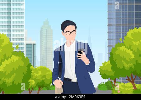 young asian businessman looking at cellphone while walking in the street in modern city Stock Vector