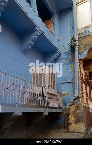 Jodhpur, Rajasthan, India - October 21st, 2019 : Traditional Blue coloured house. Historically, Hindu Brahmins used to paint their houses in blue for Stock Photo