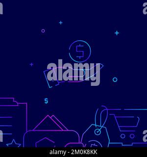Discount, save money gradient line vector icon, simple illustration on a dark blue background, shopping and delivery related bottom border. Stock Vector
