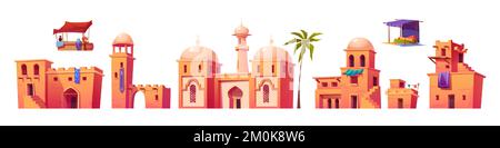 Ancient arab city isolated set, arabic buildings, architecture, dwellings, market stalls, stone houses with domes, stairs, arched windows and doors on white background Cartoon vector illustration Stock Vector