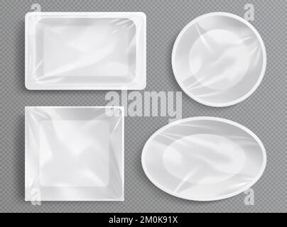 White plastic trays, package with clear film for food. Empty styrofoam containers different shapes in top view isolated on transparent background, vector realistic illustration Stock Vector