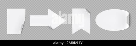 White stickers peel off, rectangular, arrow, flag and oval shapes with shadow and curled edges. Tags, sticky notes for memo, isolated Paper adhesive tape, empty blanks mockup, Realistic 3d vector set Stock Vector