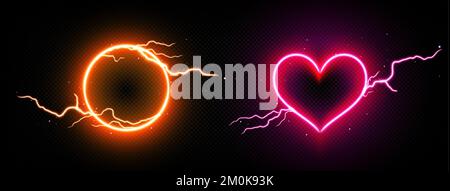 Lightning neon frames, round and heart shaped electric thunderbolt glowing borders with electrical discharge of pink and orange colors isolated on black background, Realistic 3d vector illustration Stock Vector
