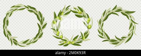 Wreaths of olive tree branches with green fruits and leaves isolated on transparent background. Circle borders of tree sprigs with fresh olives, vector realistic illustration Stock Vector
