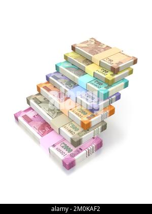 Indian Rupee Currency Note Bundles in Shape of Ladder Stairs, isolated on White Background - 3D Illustration Render Stock Photo