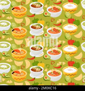 Seamless pattern with Mexican food. Tomato soup with tortilla chips, green avocado soup, rice pudding and Hot crab pie on green background with Empana Stock Vector