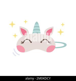 Kids sleeping mask. Cute unicorn mask. Colorful vector illustration. Lovely unicorn eye mask for girls. Stock Vector