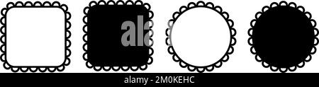 Circle and square scalloped frames. Scalloped edge rectangle and ellipse shapes. Simple label and sticker form. Flower silhouette lace frame. Vector Stock Vector