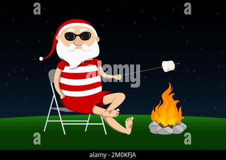 Santa Claus roasting marshmallows on fire. Vector illustration. Stock Vector