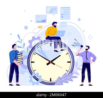 Organized office work. Employee sitting at big clock and working at laptop to meet deadline. Manager holding loudspeaker Stock Vector