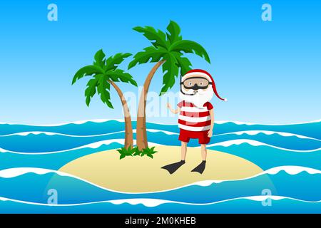 Santa on desert island. Vector illustration. Stock Vector