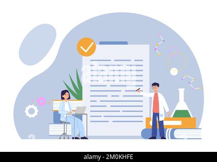 Scientists doing research in laboratory. Man with chemical equipment and books having experiment. Woman writing in laptop Stock Vector