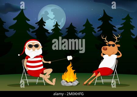 Santa Claus and reindeer roasting marshmallows on fire. Vector illustration. Stock Vector