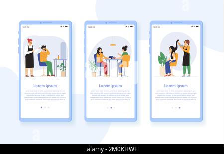 Hairdresser barbers vector mobile app set. Beauty salon providing different services as nail polish haircuts Stock Vector