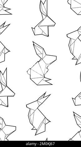 Seamless pattern with contour origami rabbits on white background. Vector texture with outline polygonal hares. Symbol of Chinese New year. Backdrop Stock Vector