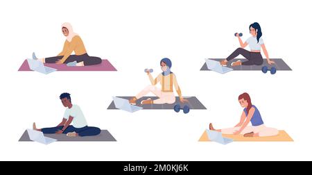Exercising with online lesson semi flat color vector characters set Stock Vector