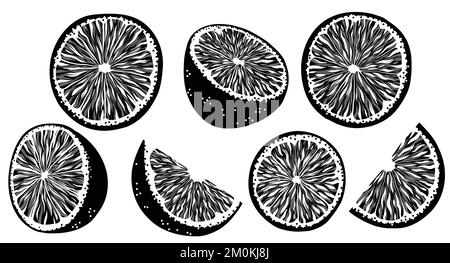 Vector set of black silhouette of orange fruits with slice and foliage isolated from background. Delicious citruses. Collection of monochrome summer Stock Vector