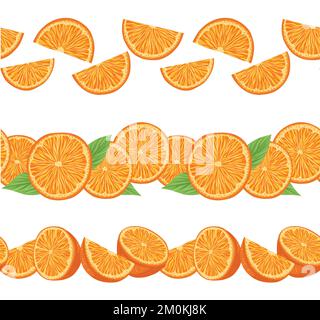 Vector set of seamless borders with orange slices and leaves. Collcetion of horizontal friezes with juicy fruit and foliage. Summer bordures Stock Vector