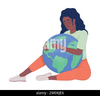 Happy woman hugging Earth semi flat color vector character Stock Vector