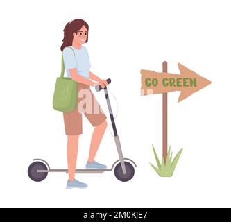 Woman with electric scooter semi flat color vector character Stock Vector