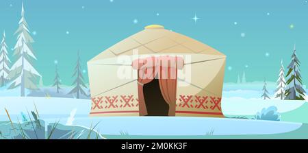 Yurt in tundra. Winter night landscape. Dwelling of northern nomadic peoples in Arctic. From felt and skins. illustration vector. Stock Vector