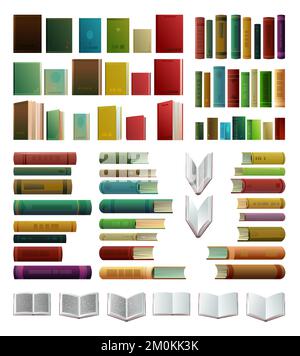 Set books objects. Side view from the front and open. Great collection for reading. Library or bookstore. Isolated on white background. Vector. Stock Vector