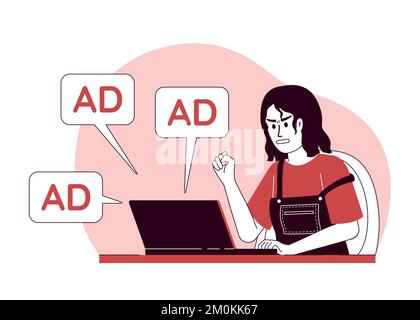 Woman stressed by annoying ads 2D vector isolated linear illustration Stock Vector