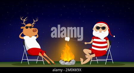 Santa and reindeer roasting marshmallows on bonfire. Vector illustration. Stock Vector