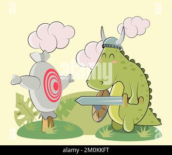 Dinosaur knight with target sword in vector Stock Vector