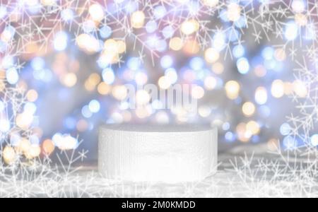Creative christmas mock up empty podium or pedestal on christmas bokeh lights background, with cylinder stand concept, empty food shelf on background. Stock Photo