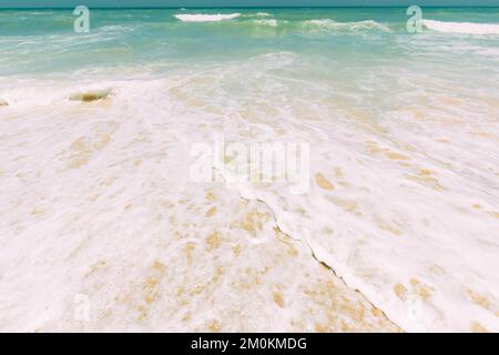 Ocean water foam splashes washing sandy beach. Amazing landscape scenery. Crashing waves of sandy coastline. Sea ocean water surface with small waves Stock Photo
