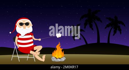 Santa Claus roasting marshmallows on bonfire. Vector illustration. Stock Vector
