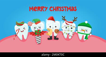 Merry Christmas - Tooth team characters in kawaii style. Hand drawn teeth with funny clothes. Good for school prevention poster, greeting card, banner Stock Vector