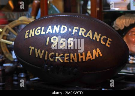 Leather Rugby Union Ball, 1959 , 1955, England v France match, Twickenham, London, UK - five nations tournament Stock Photo