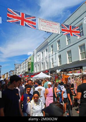 Summer Saturday, busy Portobello Road Market, Notting Hill, London, England, UK, W11 1LA Stock Photo