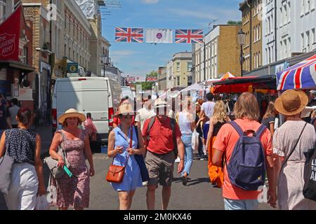 Summer Saturday, busy Portobello Road Market, Notting Hill, London, England, UK, W11 1LA Stock Photo