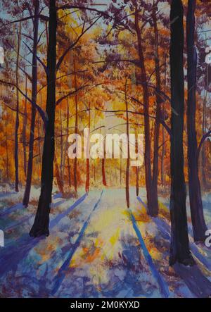 Winter forest. Warm sunny winter landscape impressionism modern oil painting on canvas. bright rays of sun on cold snow. concept of beginning of sprin Stock Photo