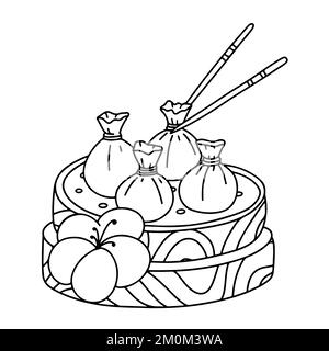Dim Sam in hand drawn doodle style. Popular Asia food. Included Bun and Dumpling Stock Vector