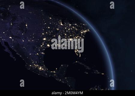 Planet Earth At Night. North and Central America at night viewed from space. View of United States from space. Elements furnished by NASA. Stock Photo