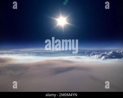 Earth, Sun and space. High altitude view between sky and space. Earth's upper atmosphere. Atmosphere of Earth. Elements furnished by NASA. Stock Photo
