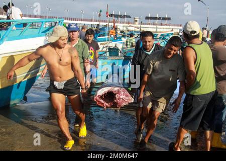 Fish Market at Puerto Lopez, Ecuador. Puerto López (16,000 inhabitants) is a small fishing village set in an arched bay on the Pacific coast in the Ec Stock Photo