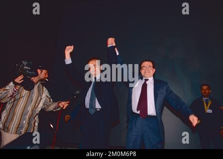 Italian politicians Walter Veltroni (left) and Romano Prodi celebrating the victory of the Ulivo party for the elections, Italy 1996 Stock Photo