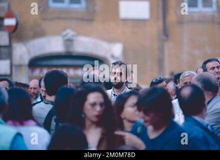 Italian actor and film director Nanni Moretti at a referendum square meeting in Piazza Farnese, Rome, Italy 1995 Stock Photo