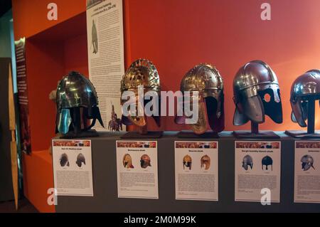 Roman Legionary soldier's helmets and armour exhibit at the Roman Villa, Heviz, Hungary Hévíz is a spa town in Zala County, Hungary, Stock Photo